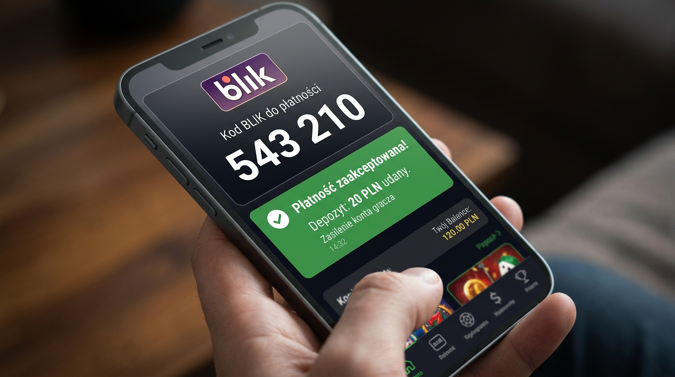Smartfon pokazujący kod BLIK i potwierdzenie depozytu 20 PLN w kasynie online