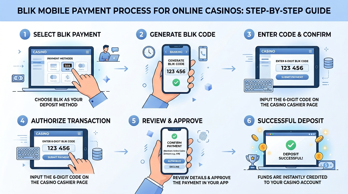 Infografika przedstawiająca proces płatności BLIK w kasynie online