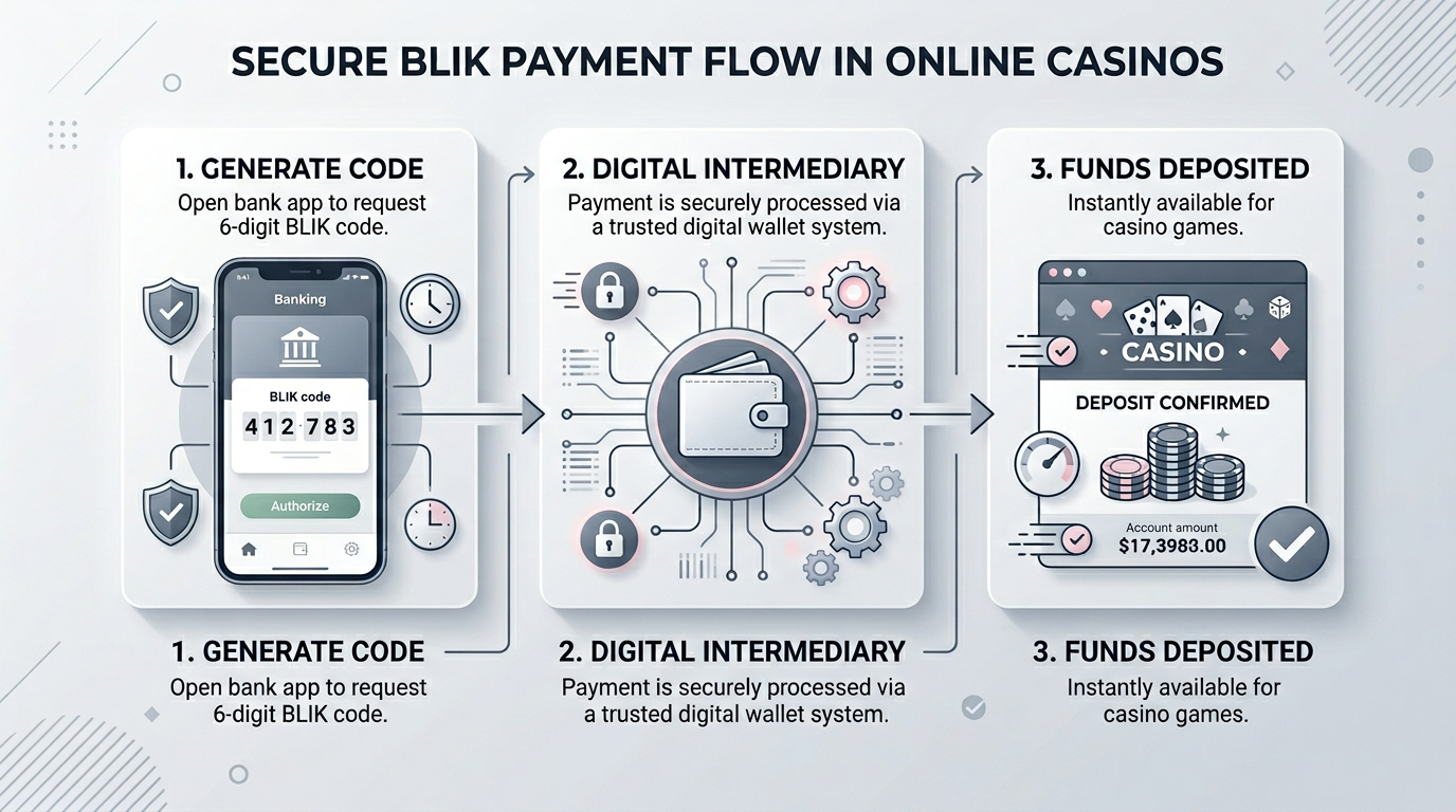 Infografika przedstawiająca proces bezpiecznej płatności BLIK w kasynie online przez pośrednika e-portfel