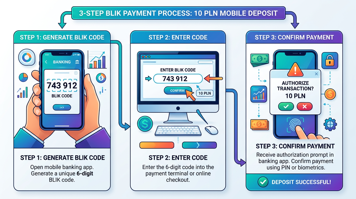 Infografika przedstawiająca 3 kroki depozytu 10 zł przez BLIK w kasynie online