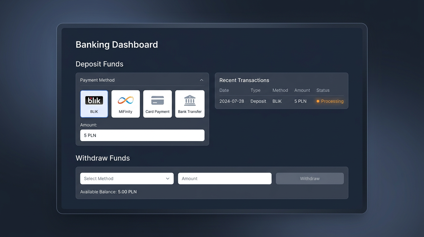 Modern casino cashier interface showing BLIK and e-wallet deposit options for small amounts