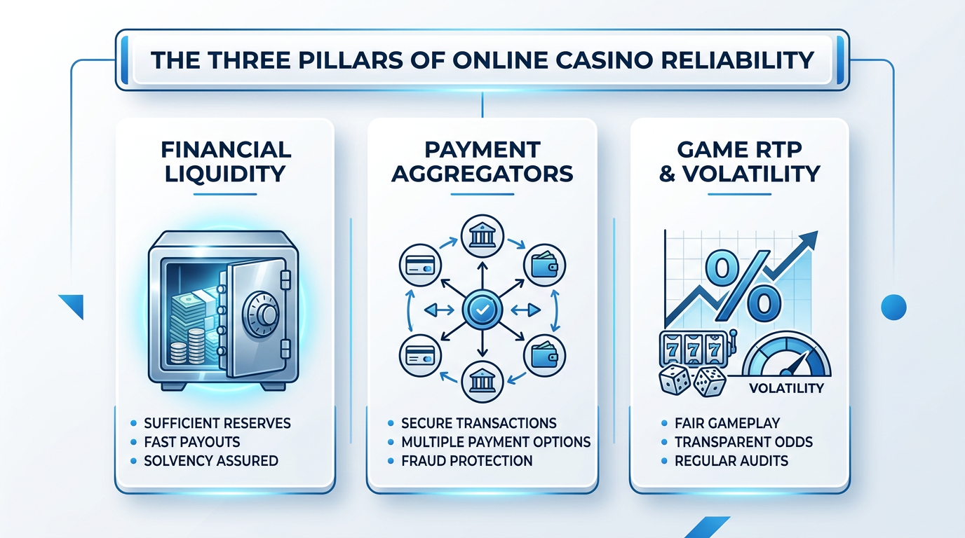 Infografika przedstawiająca trzy filary wypłacalności kasyna: płynność finansową, agregatory płatności oraz wskaźnik RTP