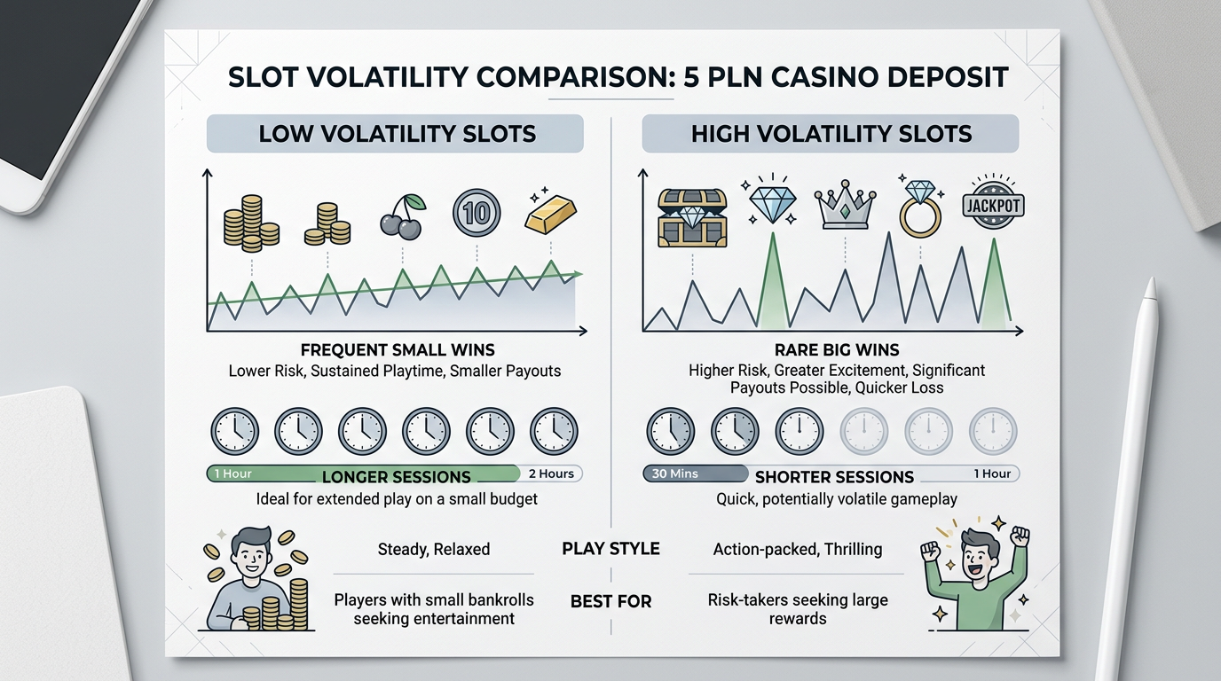 Infografika porównująca zmienność gier przy niskim depozycie 5 zł